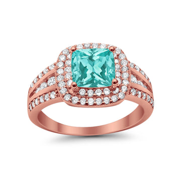 Halo Wedding Ring Rose Tone, Simulated Paraiba Tourmaline CZ 925 Sterling Silver